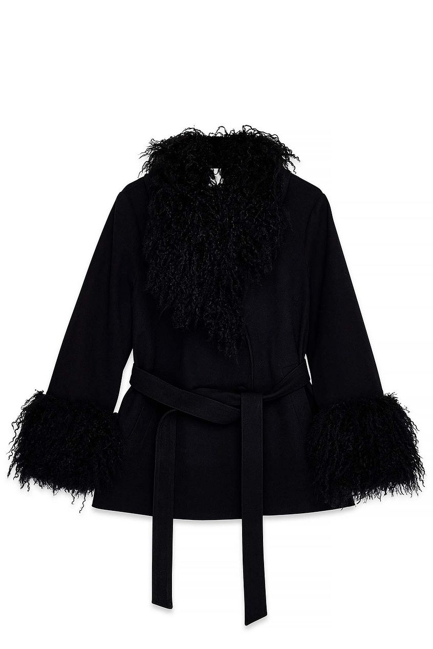 Bonded Detail Curly Faux Fur Jacket