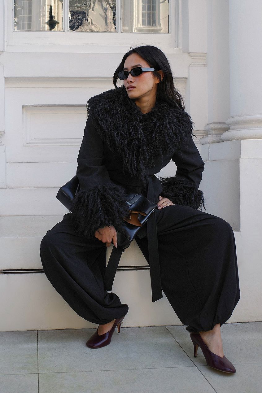 Bonded Detail Curly Faux Fur Jacket