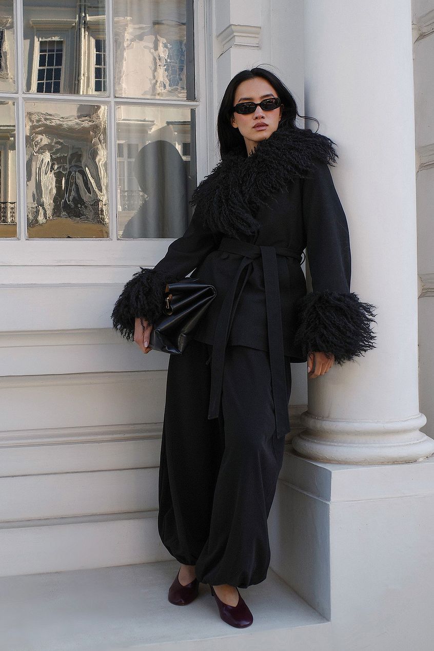 Bonded Detail Curly Faux Fur Jacket