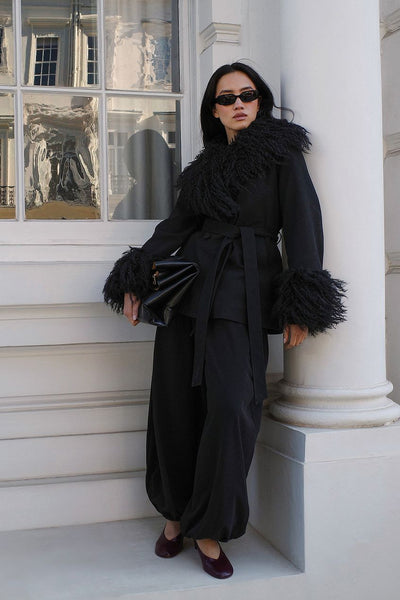 Bonded Detail Curly Faux Fur Jacket