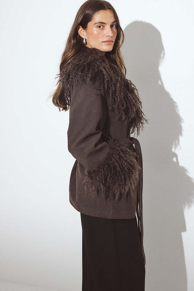 Bonded Detail Curly Faux Fur Jacket