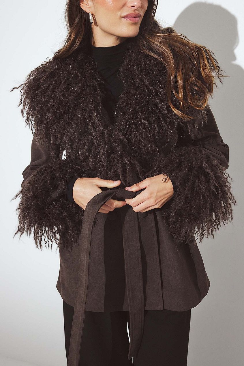 Bonded Detail Curly Faux Fur Jacket
