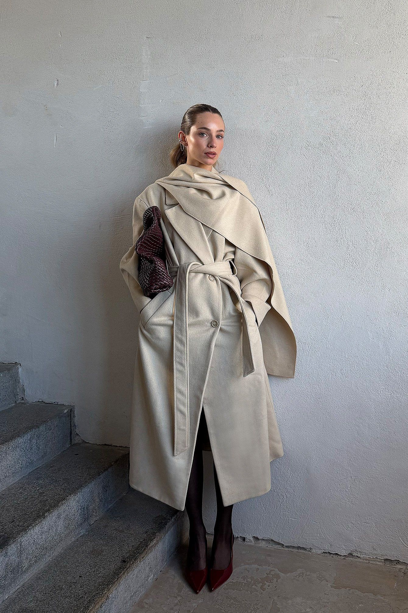 Wool Blend Scarf Detail Coat