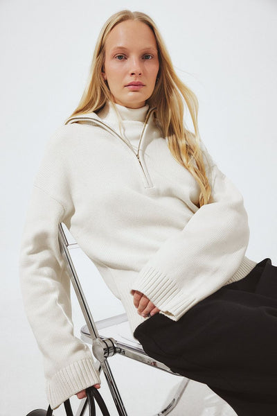 High Neck Zipped Knitted Sweater