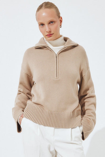 High Neck Zipped Knitted Sweater