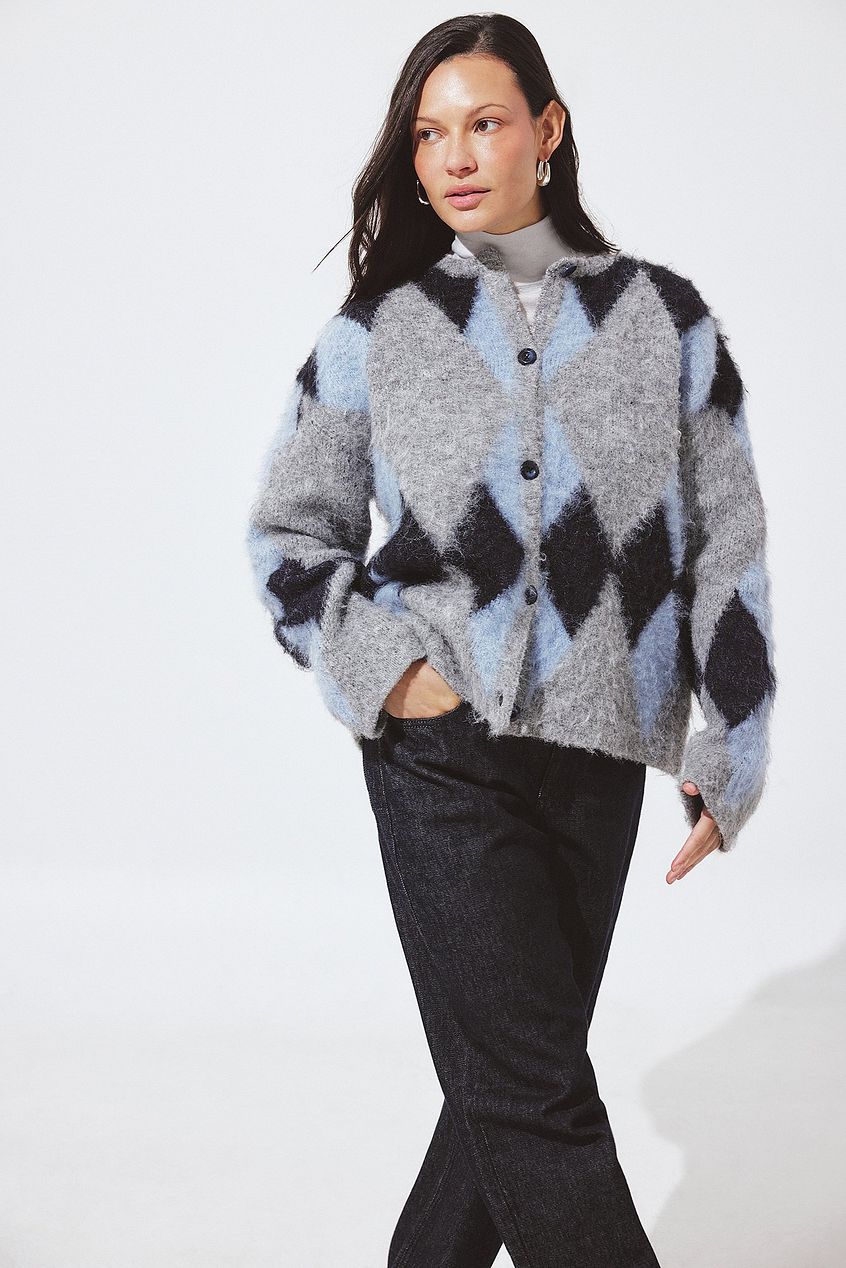 Knitted Oversized Check Cardigan