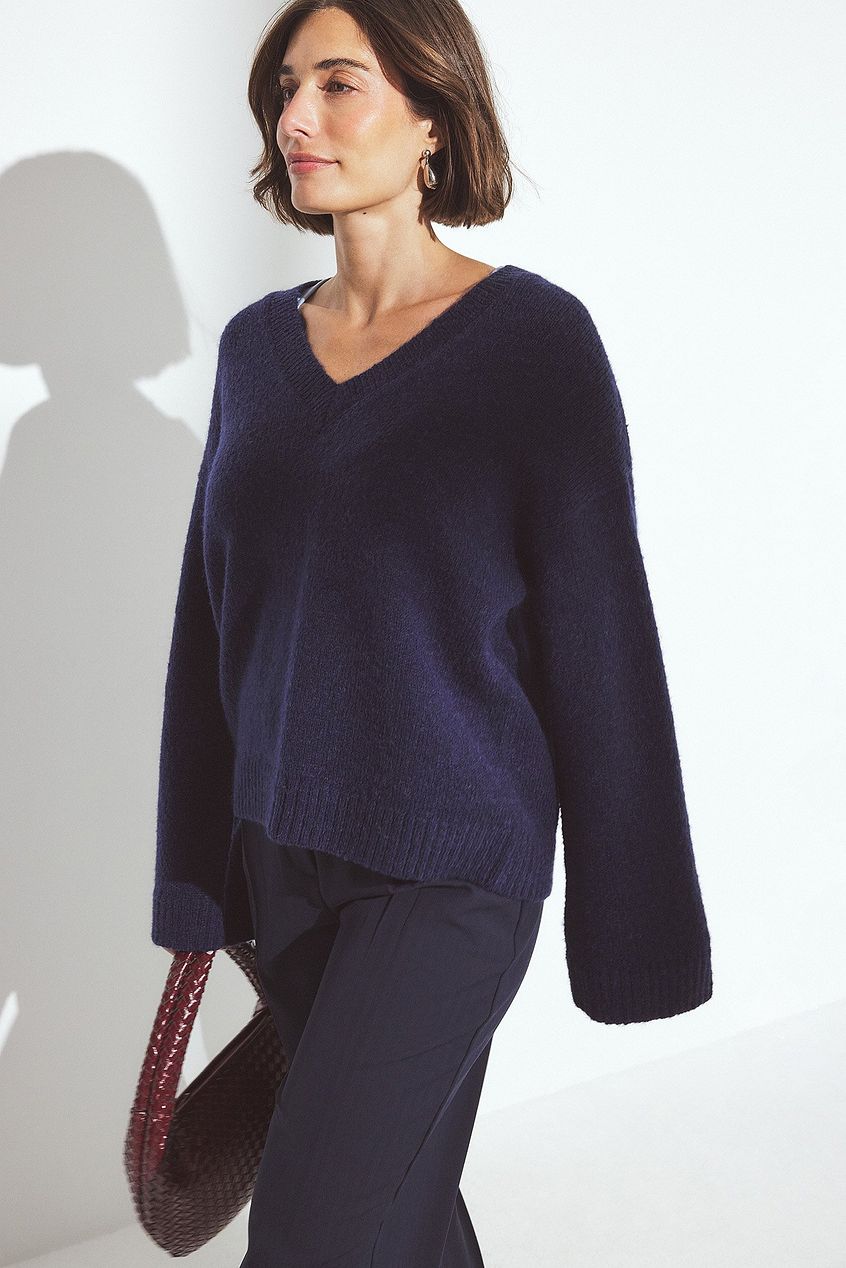 Knitted V-Neck Wool Blend Sweater