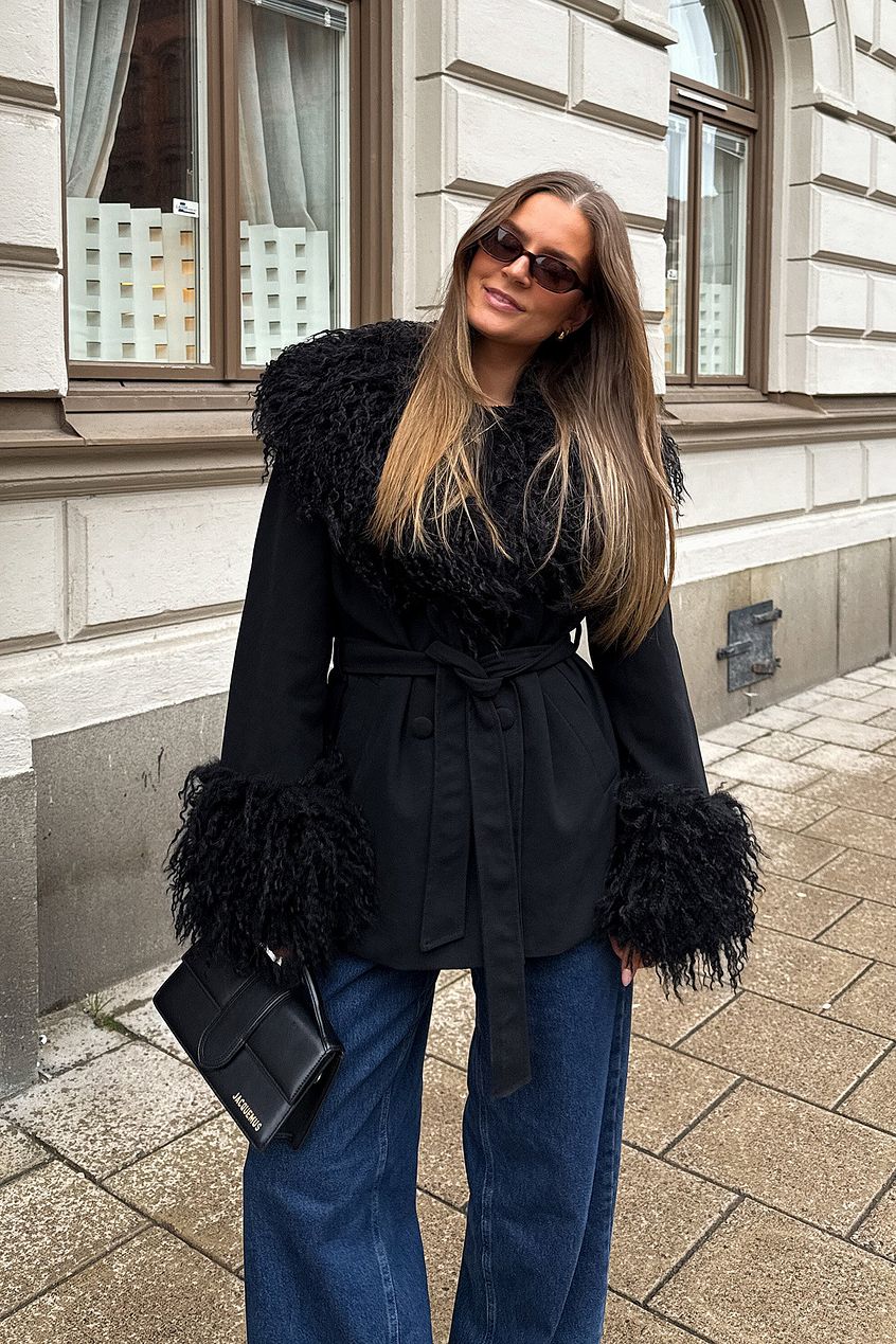 Bonded Detail Curly Faux Fur Jacket